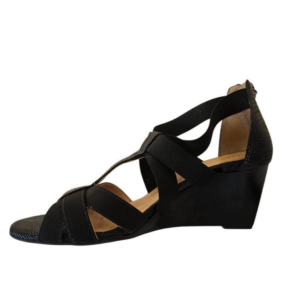 Nurture Womens Terrie Leather Strappy Elastic Wedge Heel Sandals Black Size 9M